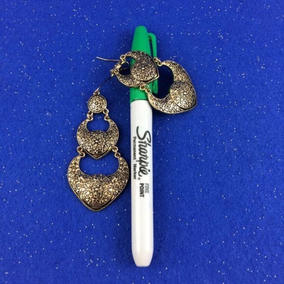 Long Triple Tier Dangle Goldtone Metal Earrings Bali-Inspired Design Statement - Picture 10 of 10